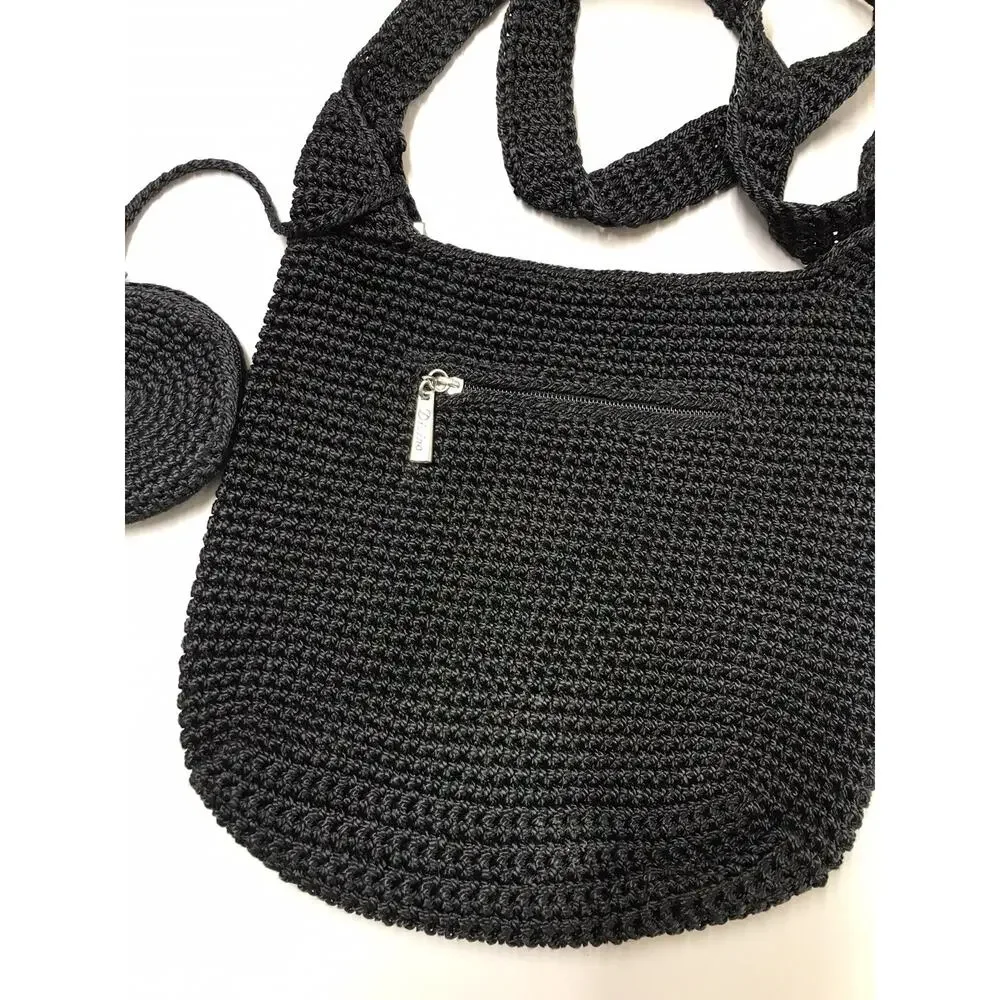 Divine Small Handmade Crocheted Crossbody with Attached Coin Purse Black 10